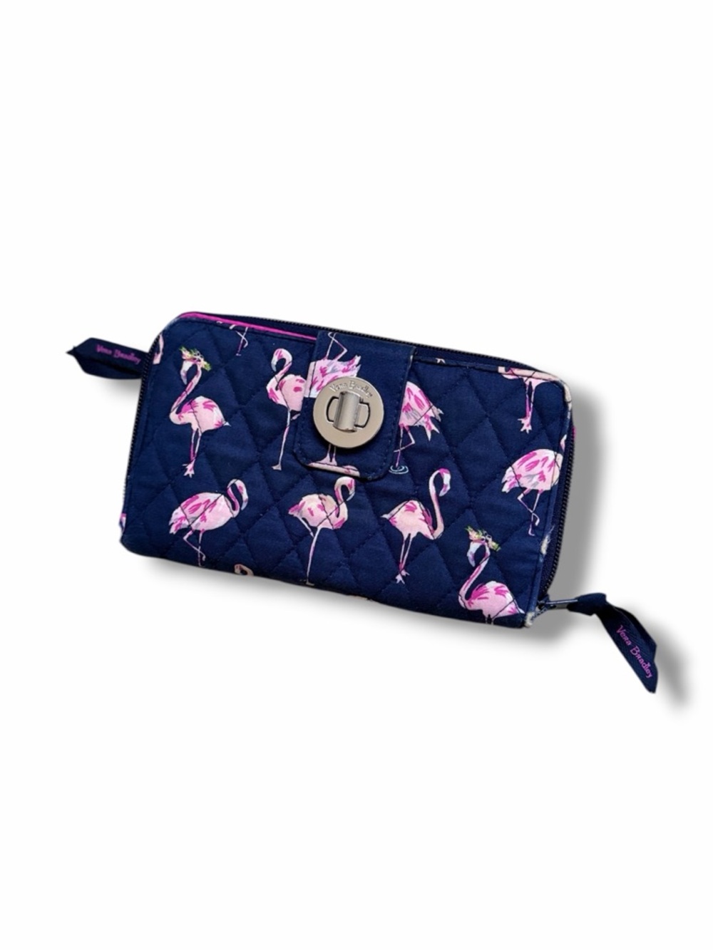 Vera Bradley RFID turnlock wallet Flamingo Fiesta Pink Blue Silver Coastal RARE